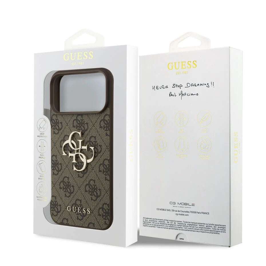 GUESS Hoesje voor iPhone 17 Pro Max – Bruin Monogram Design met Gouden Logo