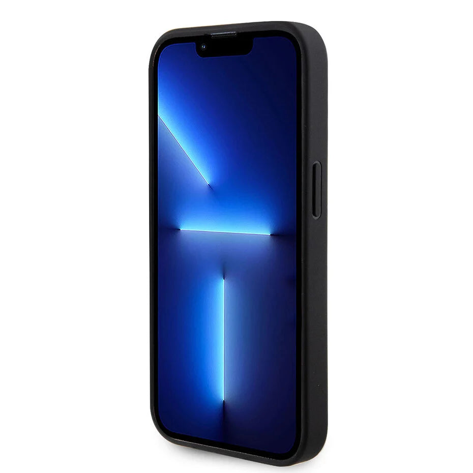 GUESS Hoesje voor iPhone 15 Pro – Zwart Geperforeerd Design met Gouden Logo