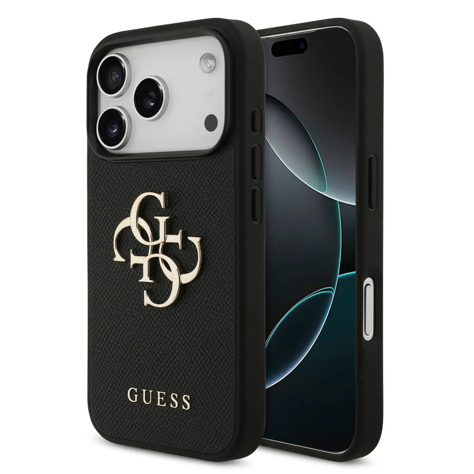 GUESS Hoesje voor iPhone 17 Pro – Zwart Design met Gouden Logo & Textuur
