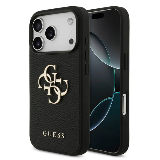 GUESS Hoesje voor iPhone 17 Pro – Zwart Design met Gouden Logo & Textuur