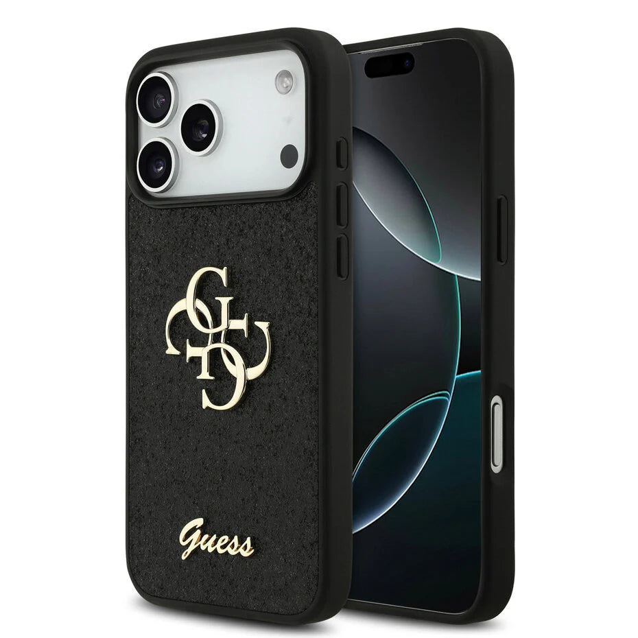 GUESS Glitter Hoesje voor iPhone 17 Pro Max – Zwart Design met Gouden Logo