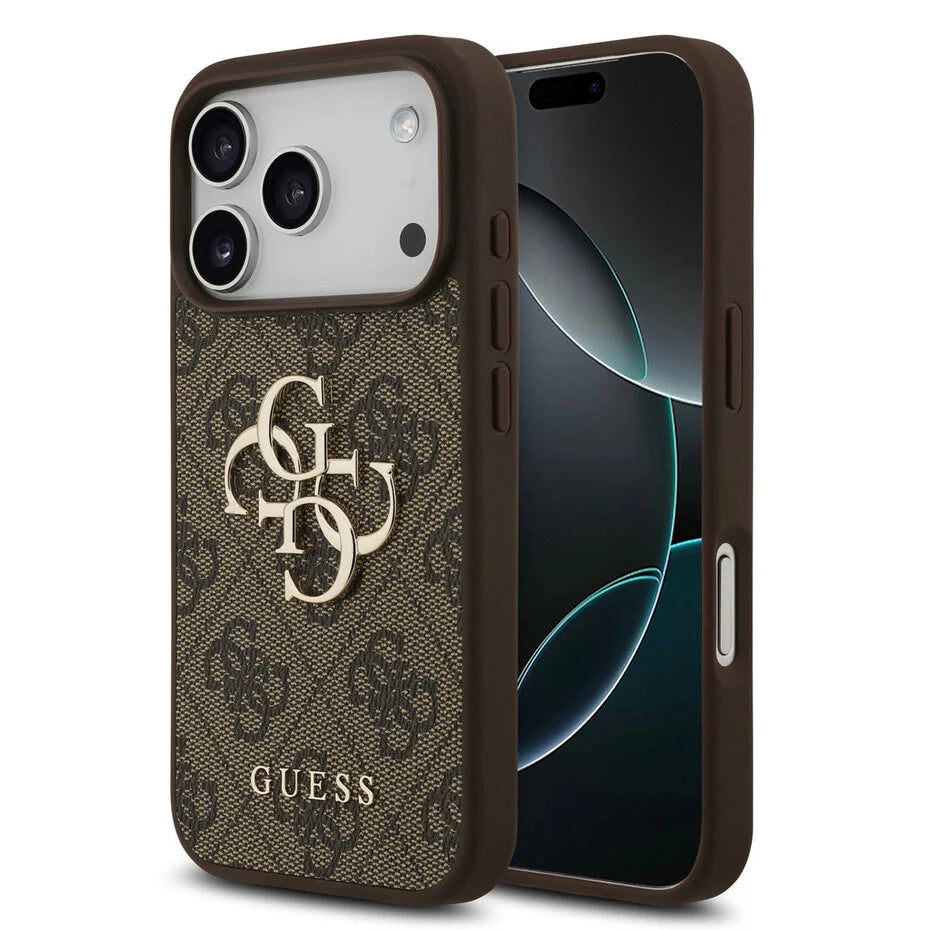 GUESS Hoesje voor iPhone 17 Pro – Bruin Monogram Design met Gouden Logo