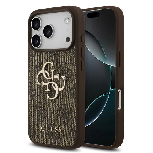 GUESS Hoesje voor iPhone 17 Pro – Bruin Monogram Design met Gouden Logo