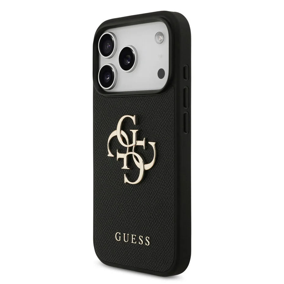 GUESS Hoesje voor iPhone 17 Pro – Zwart Design met Gouden Logo & Textuur