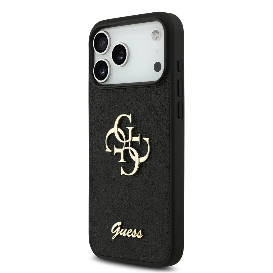 GUESS Glitter Hoesje voor iPhone 17 Pro Max – Zwart Design met Gouden Logo