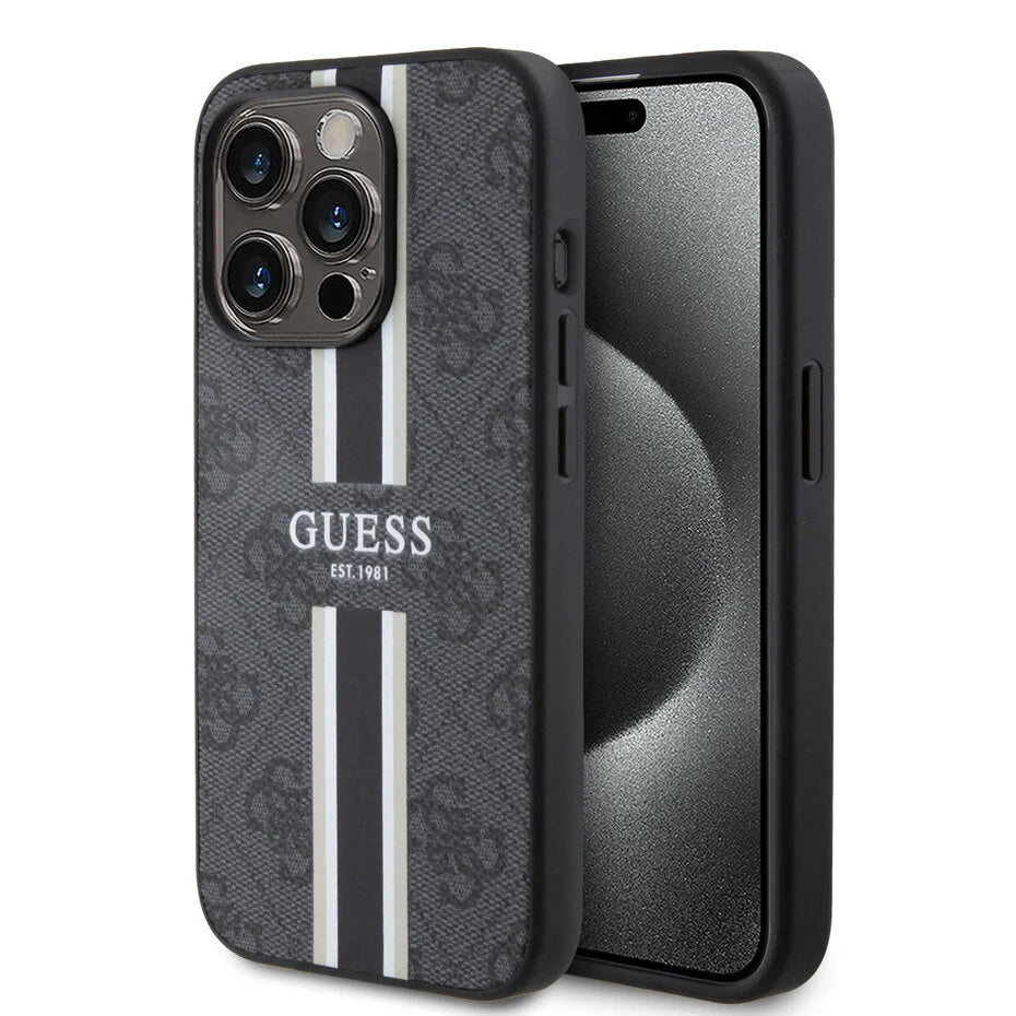 GUESS Hoesje voor iPhone 15 Pro – Zwart Design met Strepen & Logo