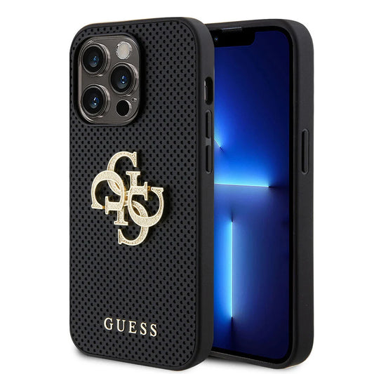 GUESS Hoesje voor iPhone 15 Pro – Zwart Geperforeerd Design met Gouden Logo