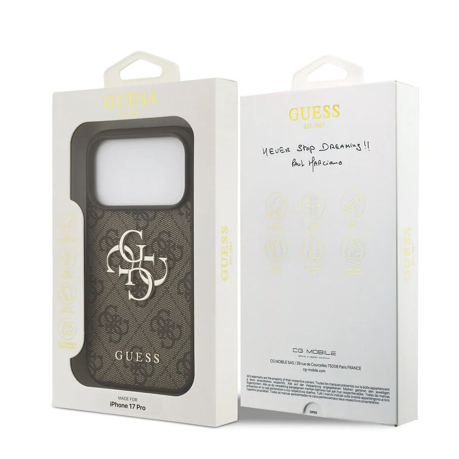GUESS Hoesje voor iPhone 17 Pro – Bruin Monogram Design met Gouden Logo