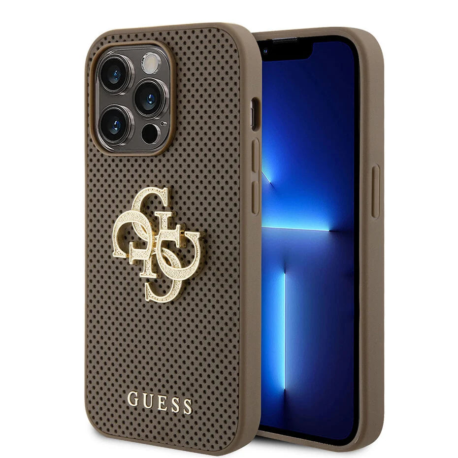 GUESS Hoesje voor iPhone 15 Pro – Bruin Geperforeerd Design met Gouden Logo