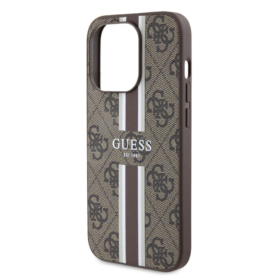 GUESS Hoesje voor iPhone 15 Pro – Bruin Design met Strepen & Logo