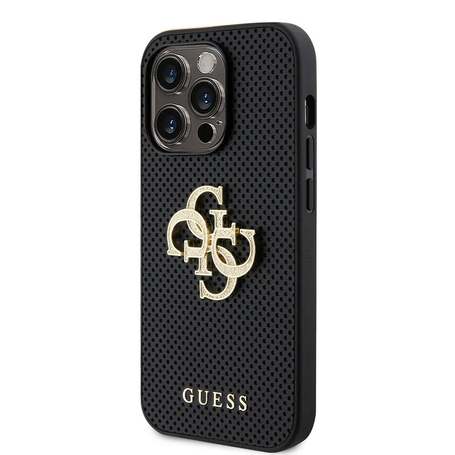 GUESS Hoesje voor iPhone 15 Pro – Zwart Geperforeerd Design met Gouden Logo