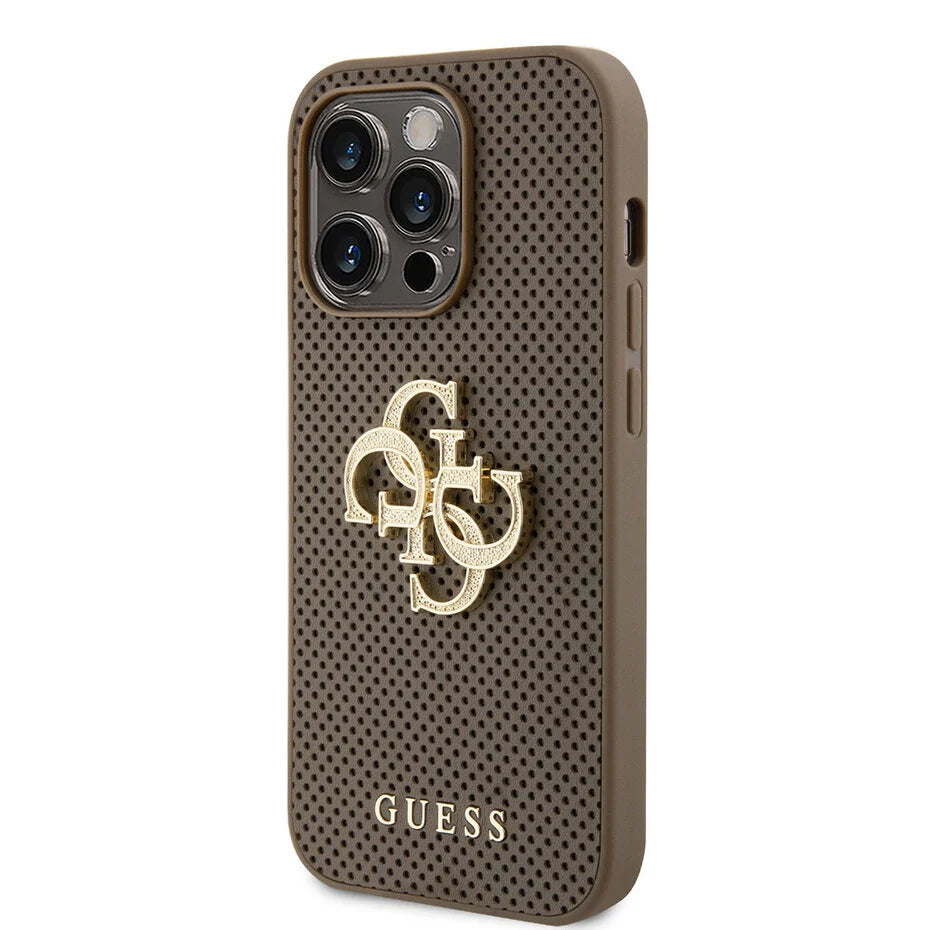 GUESS Hoesje voor iPhone 15 Pro – Bruin Geperforeerd Design met Gouden Logo